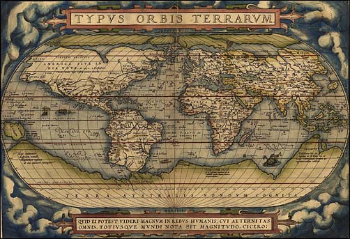 Op de wereldkaart van de Hollandse cartograaf Ortelius krijgt het nog onbekende Antarctica de naam "terra australis nondum cognita" (onbekend zuidland)